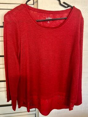 New York & Company Red Long-Sleeve Lightweight Knit Top